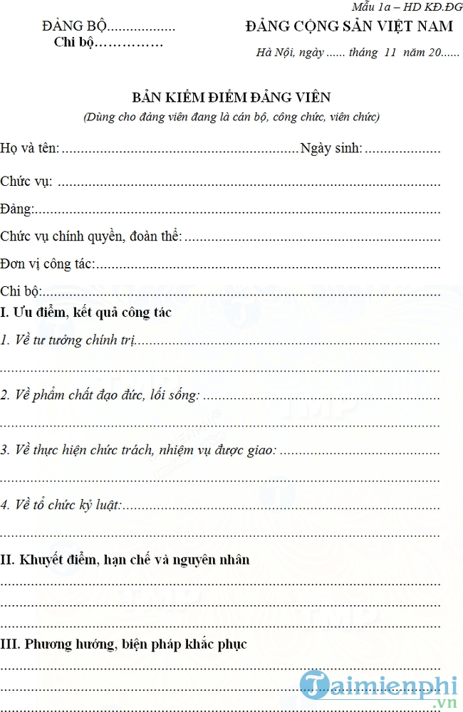 Bản kiểm điểm Đảng viên cuối năm
