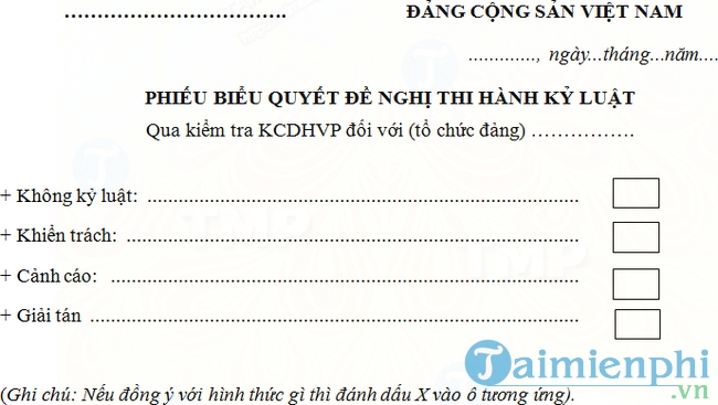 Mẫu phiếu biểu quyết đề nghị thi hành kỷ luật