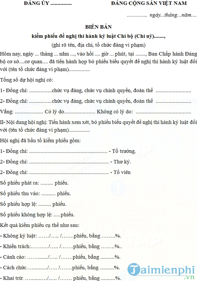Mẫu biên bản kiểm phiếu đề nghị thi hành kỷ luật chi bộ