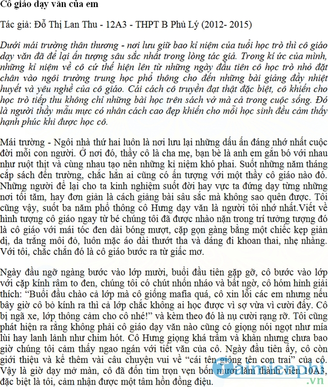 Bài dự thi viết về cô giáo của tôi