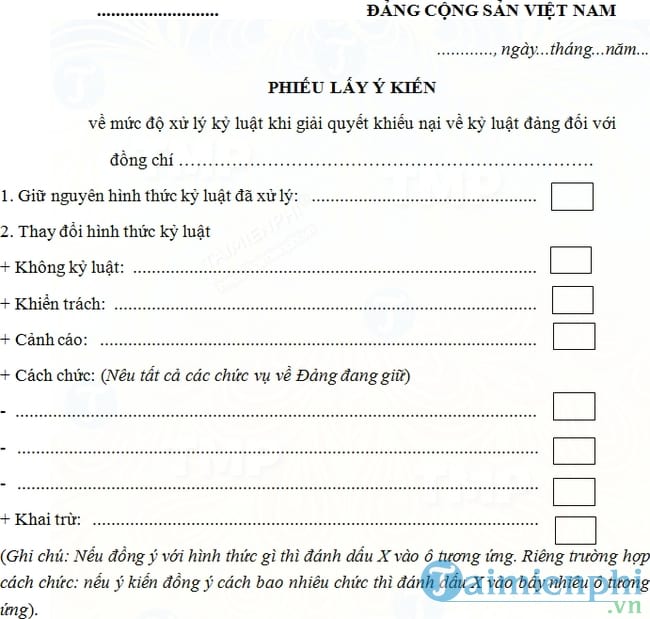 Mẫu phiếu lấy ý kiến kỷ luật Đảng viên