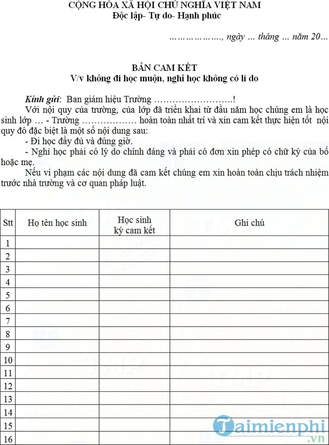 Bản cam kết không đi học muộn, nghỉ học không lí do