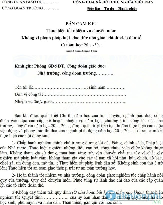 Bản cam kết không vi phạm đạo đức nhà giáo