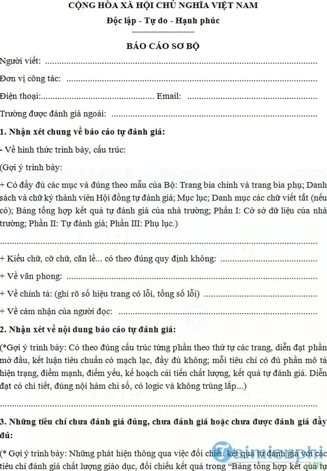 Mẫu báo cáo sơ bộ