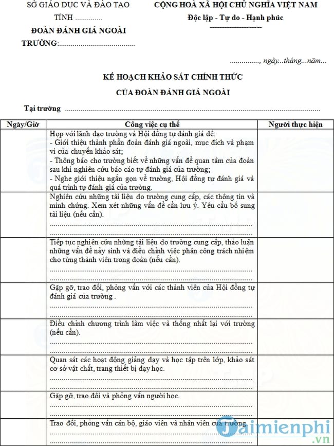 Mẫu kế hoạch khảo sát