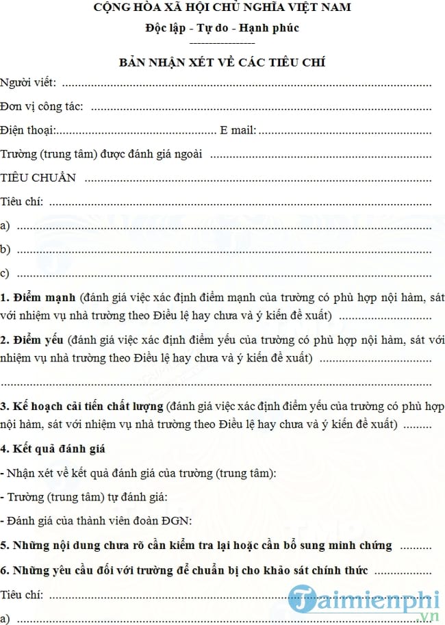 Mẫu bản nhận xét về các tiêu chí