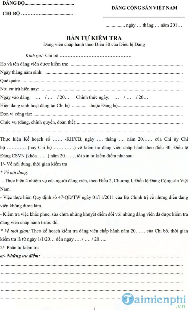 Mẫu bản kiểm điểm đảng viên chấp hành điều lệ Đảng