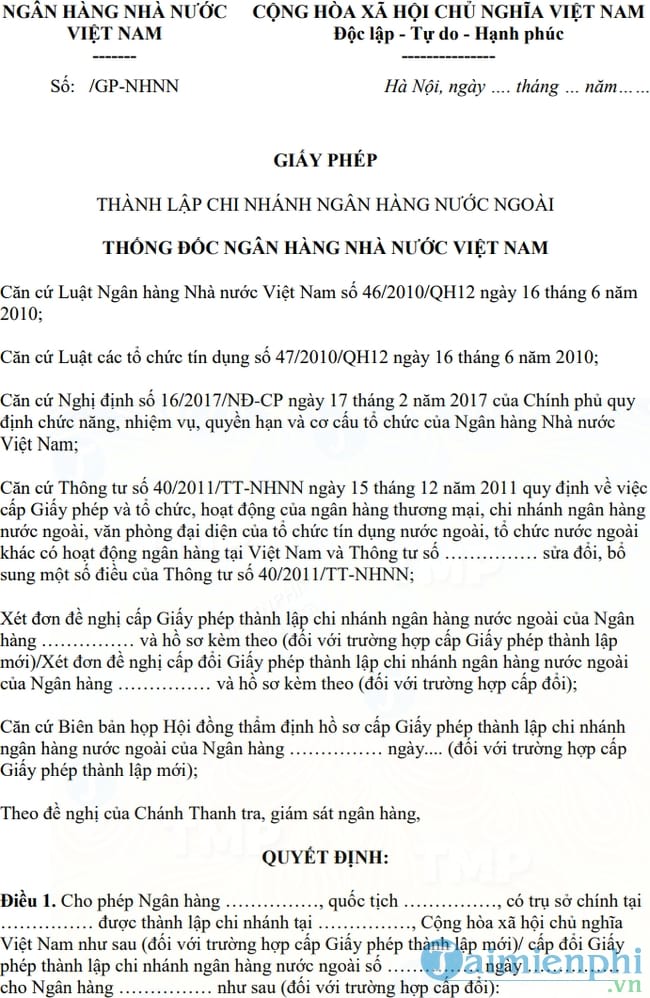 Mẫu giấy phép thành lập chi nhánh ngân hàng nước ngoài