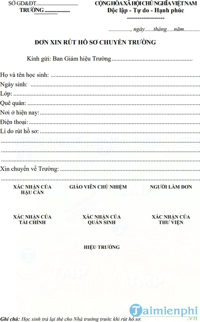Mẫu đơn xin rút hồ sơ chuyển trường