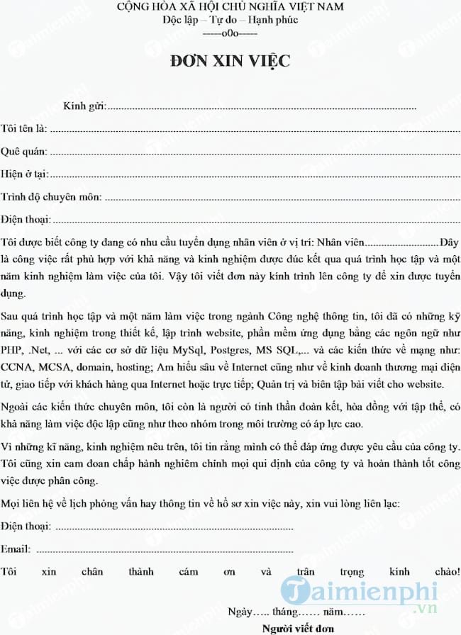 Mẫu đơn xin việc ngành Công nghệ thông tin