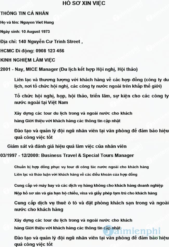 CV mẫu bằng tiếng Việt dành cho người đã có kinh nghiệm