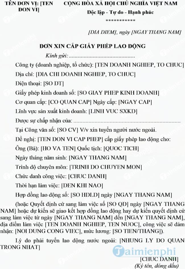 Đơn xin cấp giấy phép lao động