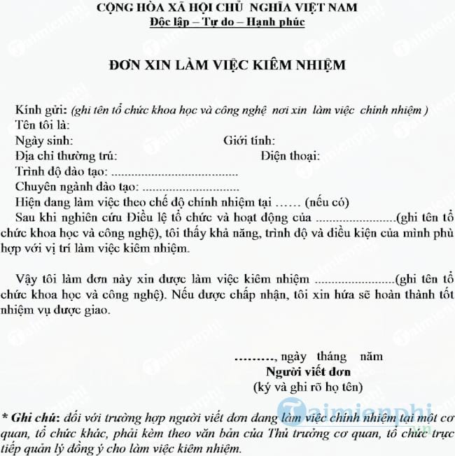 Đơn xin làm việc kiêm nhiệm