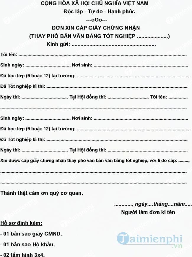 Đơn xin cấp giấy chứng nhận