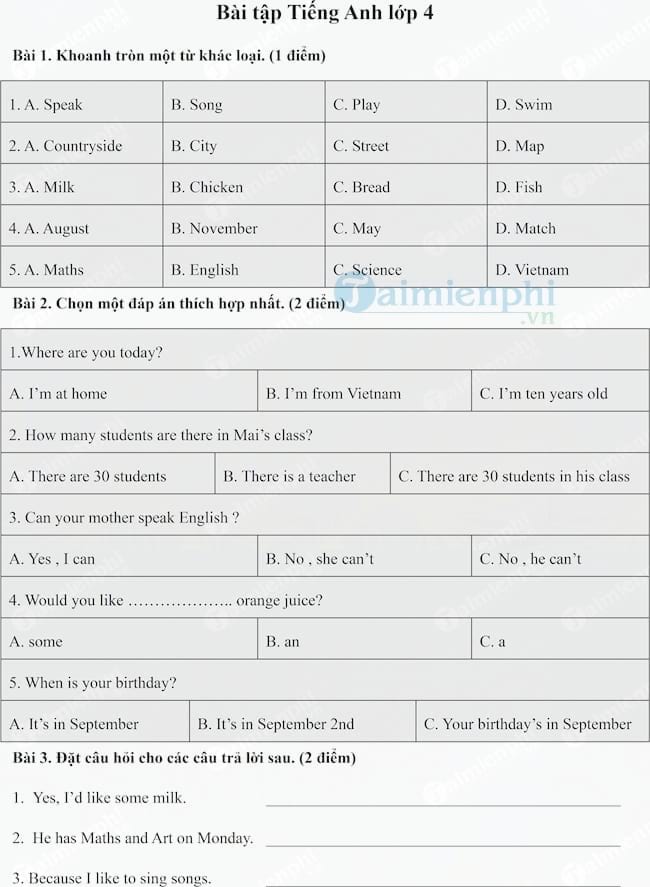 Bài tập Tiếng Anh lớp 4