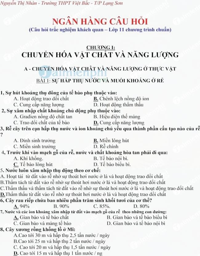 Bài tập trắc nghiệm Sinh học lớp 11