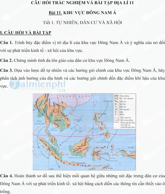 cau hoi trac nghiem va bai tap dia ly lop 11 bai 11 khu vuc dong nam a tiet 1