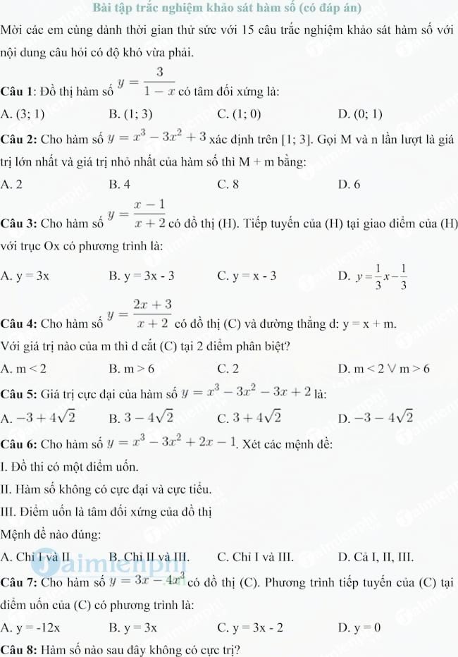 Bài tập trắc nghiệm khảo sát hàm số (Có đáp án)