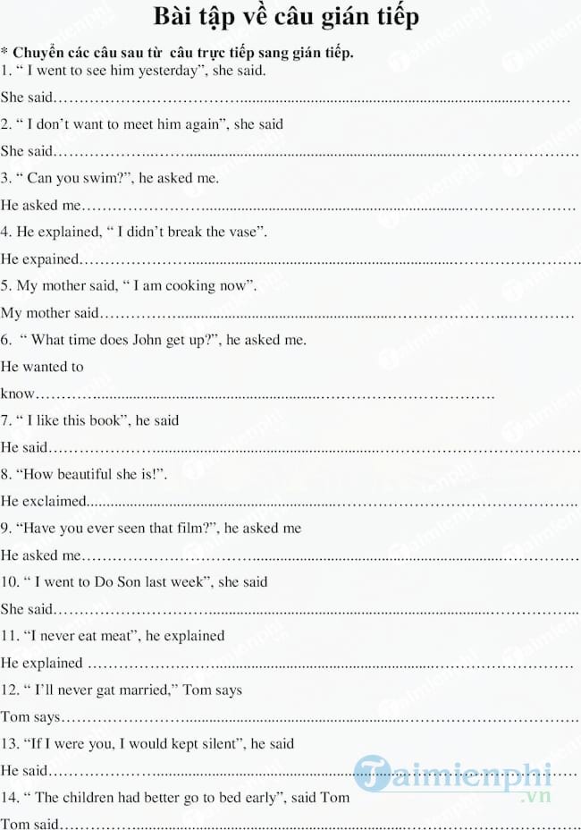 Bài tập về câu gián tiếp trong Tiếng Anh (bài 1)