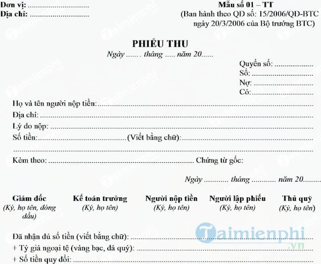 Mẫu phiếu thu theo quyết định 15