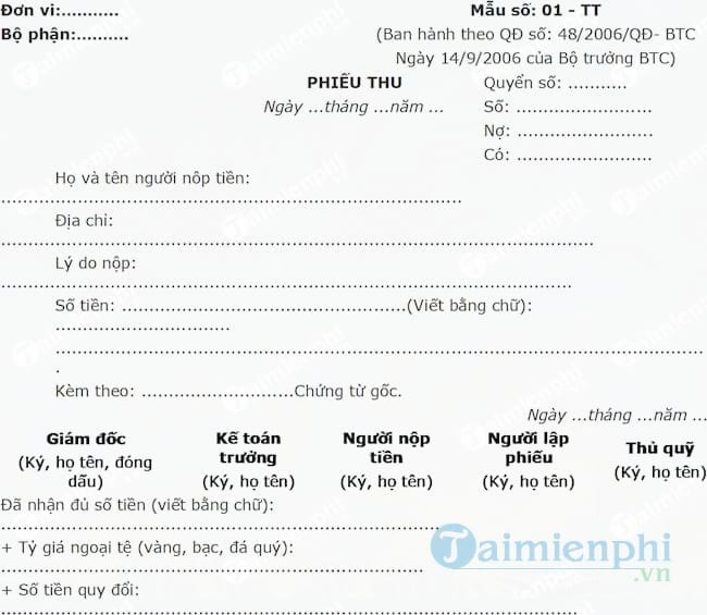 Mẫu phiếu thu theo quyết định 48