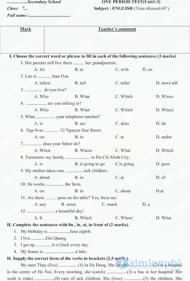 Đề thi tiếng Anh lớp 7