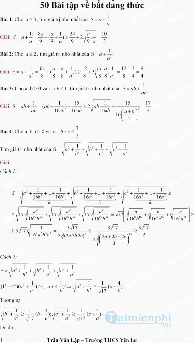 50 bài tập về bất đẳng thức có đáp án
