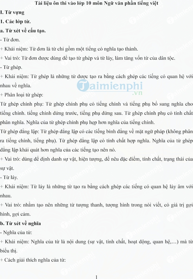 Tài liệu ôn thi vào lớp 10 môn Ngữ văn phần Tiếng Việt