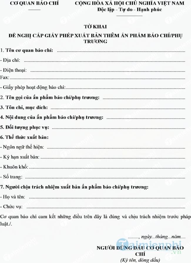 Mẫu tờ khai đề nghị cấp giấy phép xuất bản thêm ấn phẩm báo chí, phụ trương