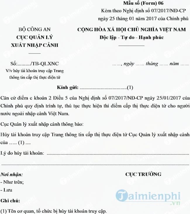 Mẫu thông báo hủy tài khoản truy cập trang thông tin cấp thị thực điện tử