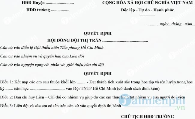 Mẫu quyết định kết nạp đội