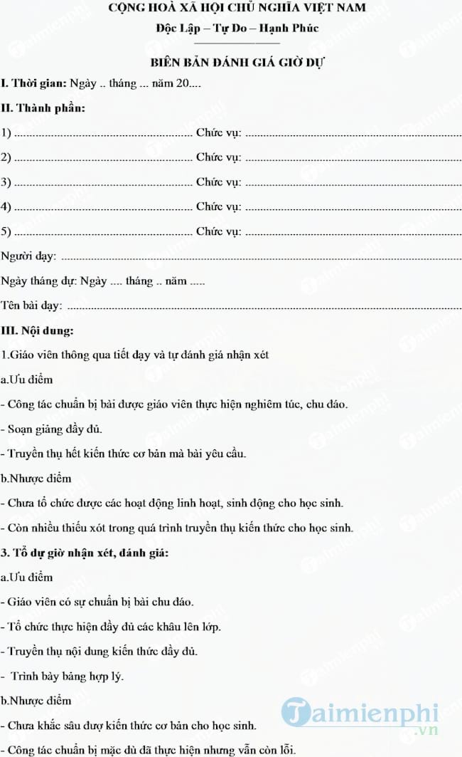 Mẫu biên bản đánh giá giờ dạy