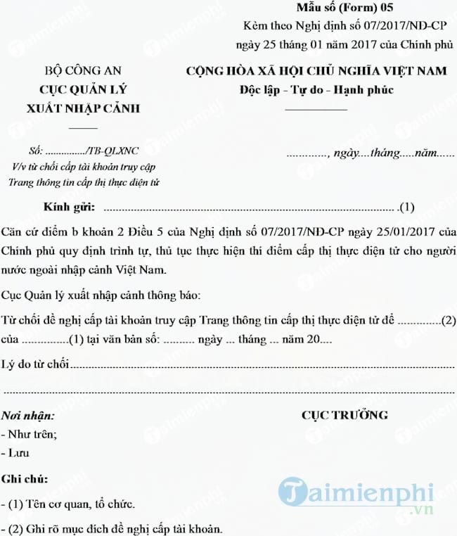 Mẫu thông báo từ chối cấp tài khoản truy cập trang thông tin cấp thị thực điện tử