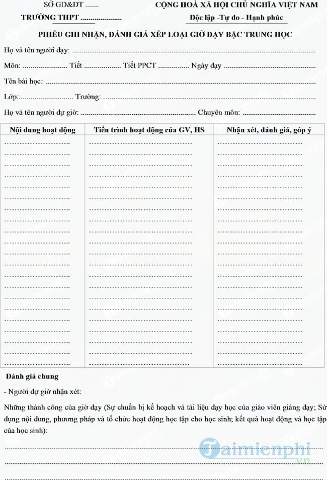 Mẫu phiếu đánh giá tiết dạy cấp THPT