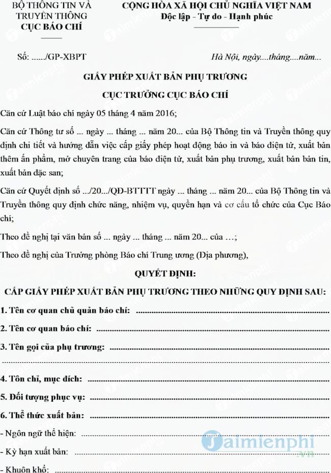 Mẫu giấy phép xuất bản phụ trương