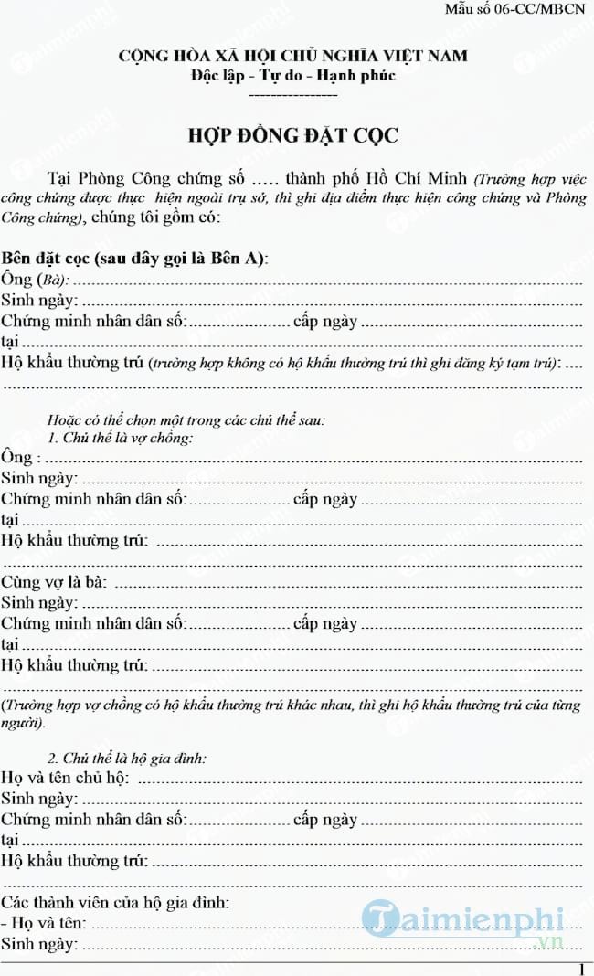 Mẫu hợp đồng đặt cọc