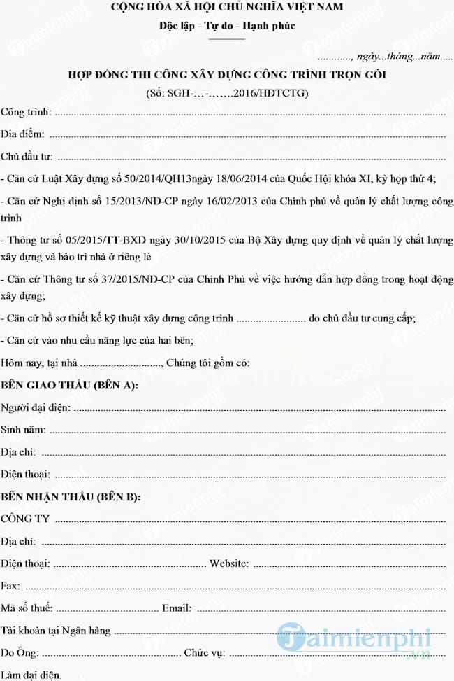 Mẫu hợp đồng thi công xây dựng công trình