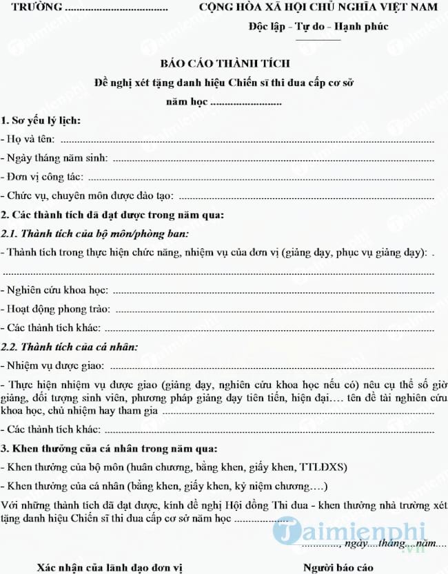 Mẫu báo cáo thành tích chiến sĩ thi đua cấp cơ sở