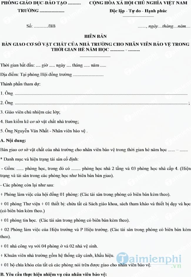 Mẫu biên bản bàn giao cơ sở vật chất nhà trường