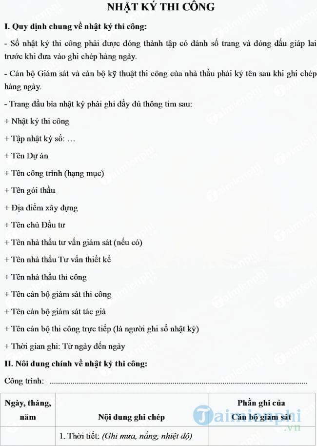 Mẫu nhật ký thi công