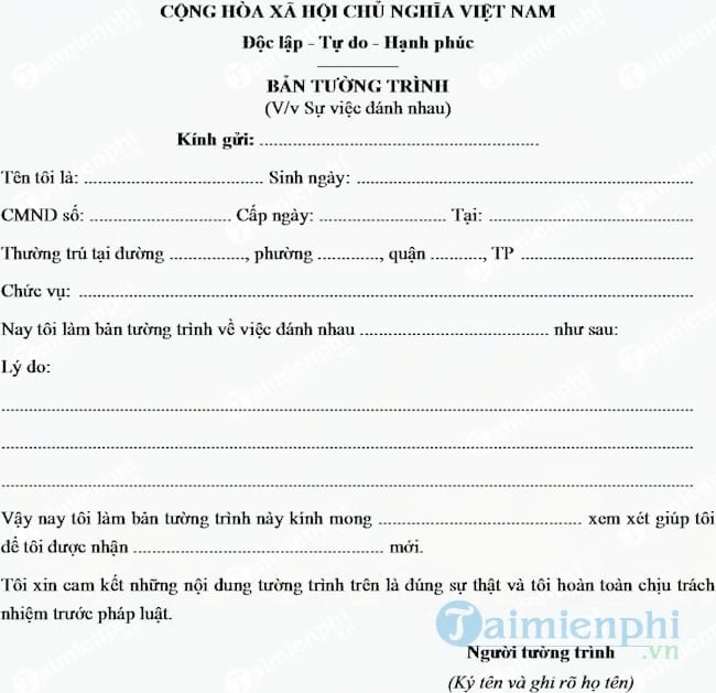 Mẫu bản tường trình sự việc đánh nhau