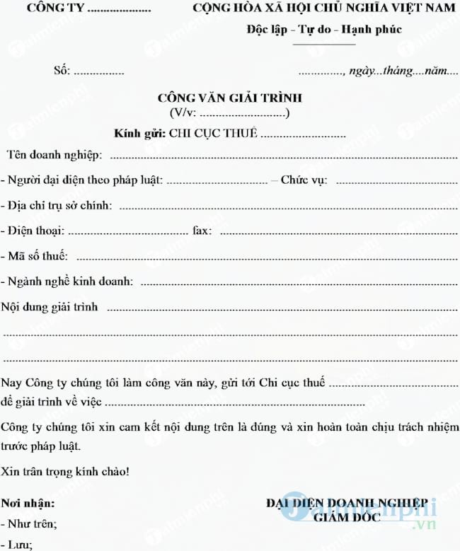Mẫu công văn giải trình với cơ quan thuế