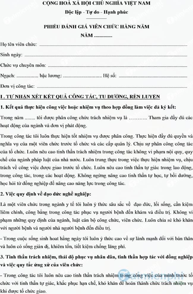 Mẫu phiếu đánh giá viên chức y tế