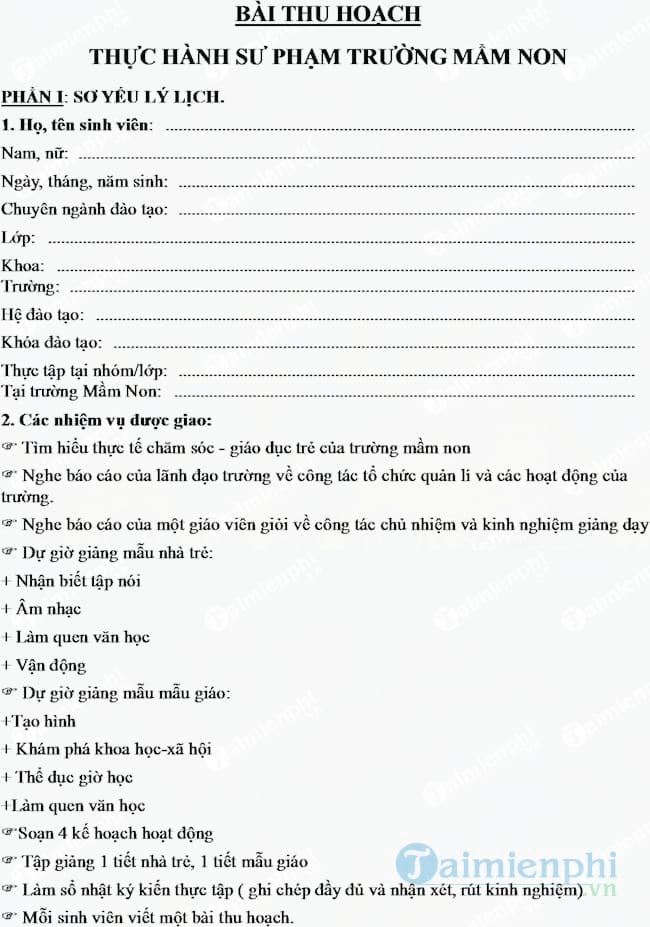 Mẫu báo cáo thực tập sư phạm Mầm non