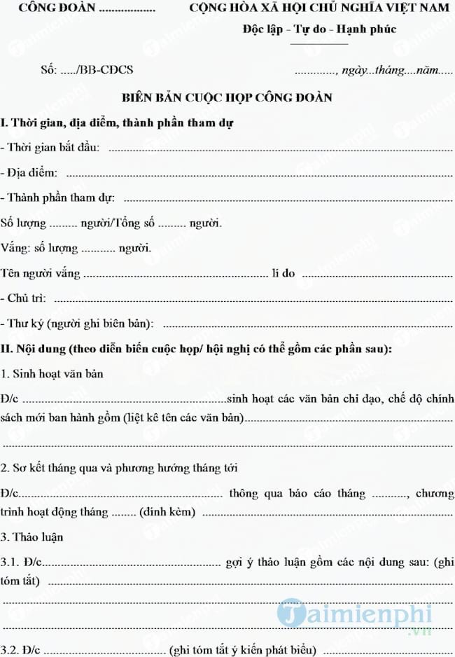 Mẫu biên bản cuộc họp công đoàn