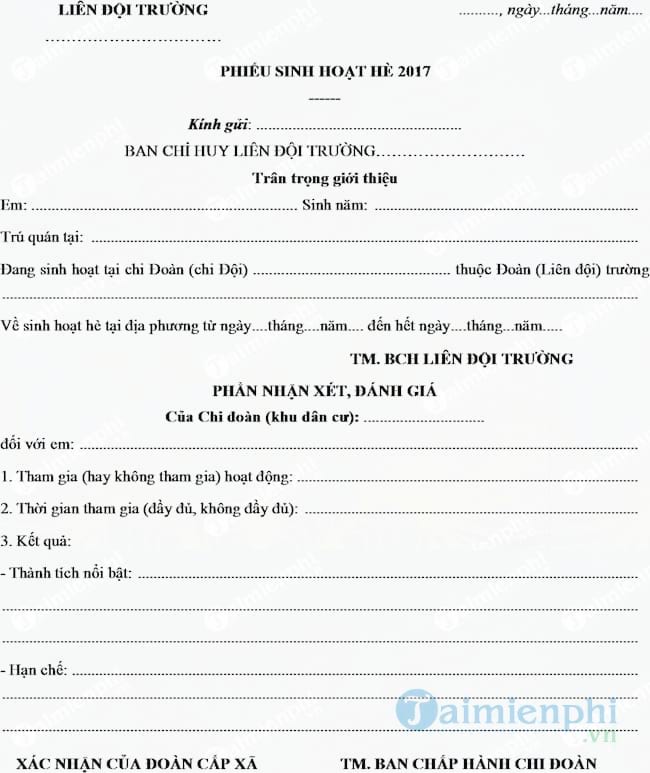 Mẫu phiếu sinh hoạt hè năm 2017