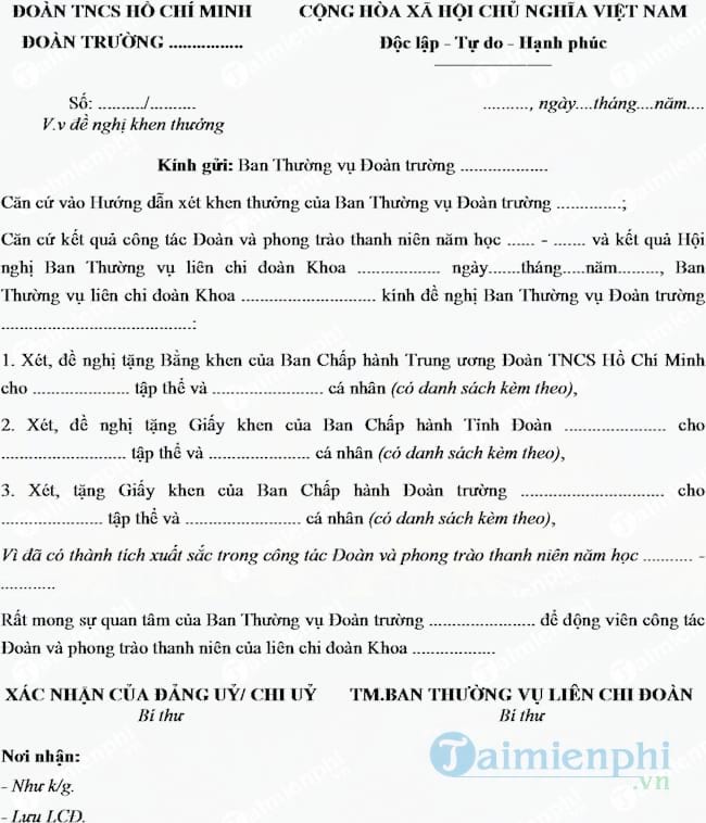 Mẫu công văn đề nghị khen thưởng