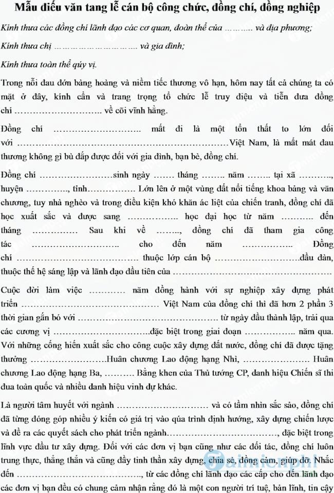 Mẫu điếu văn tang lễ cán bộ công chức, đồng chí, đồng nghiệp