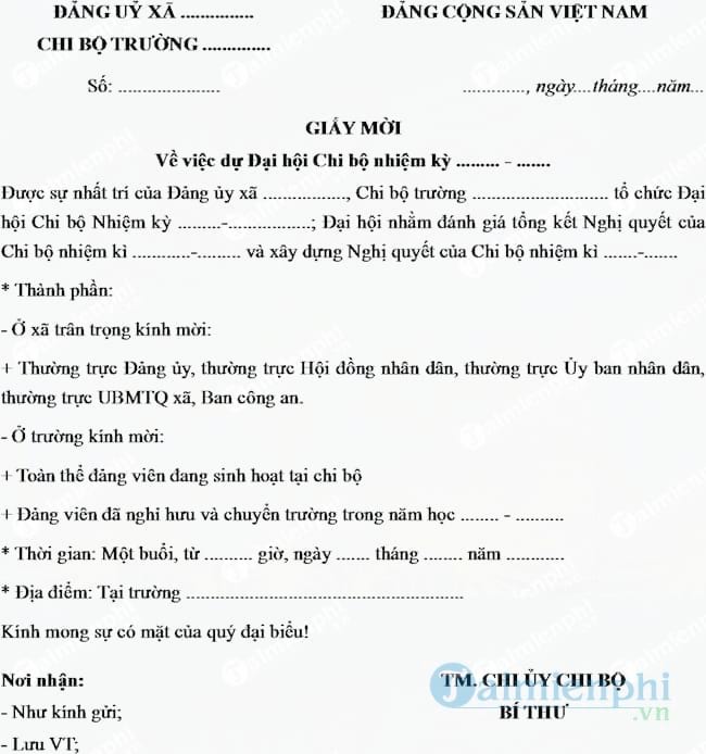 Mẫu giấy mời dự đại hội chi bộ