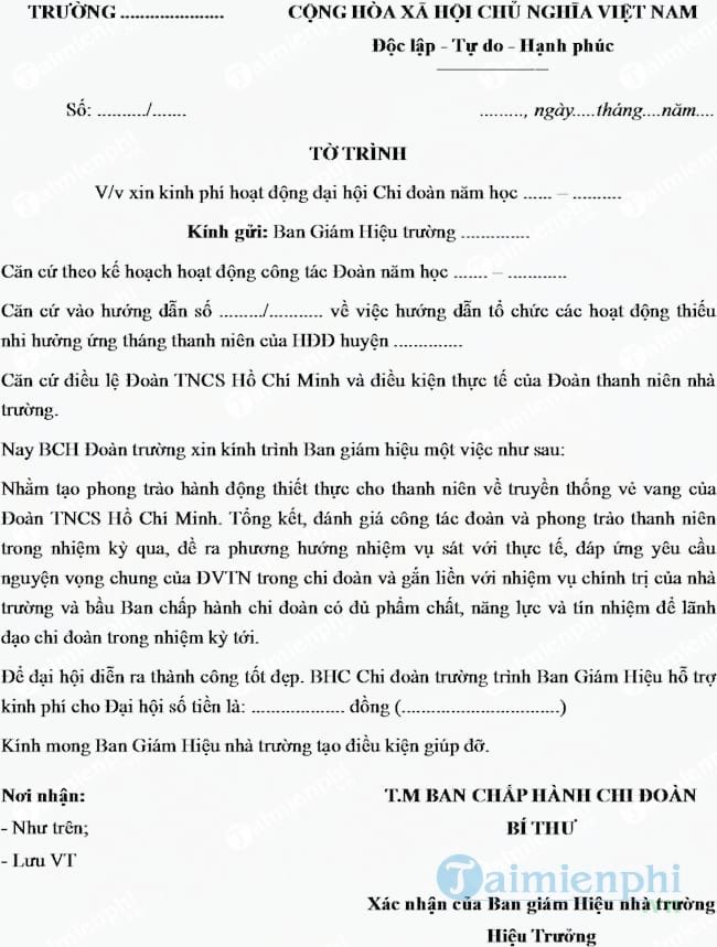 Mẫu tờ trình xin kinh phí hoạt động